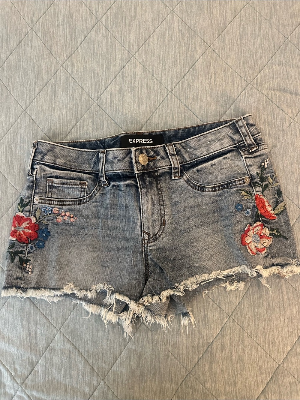 Express Women's Embroidered Frayed Hem Denim Shorts - Light Blue